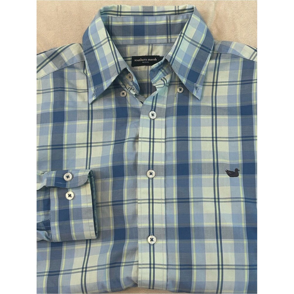 Southern Marsh Shirt Mens Small Blue Green Plaid Long Sleeve Button Down Cotton
